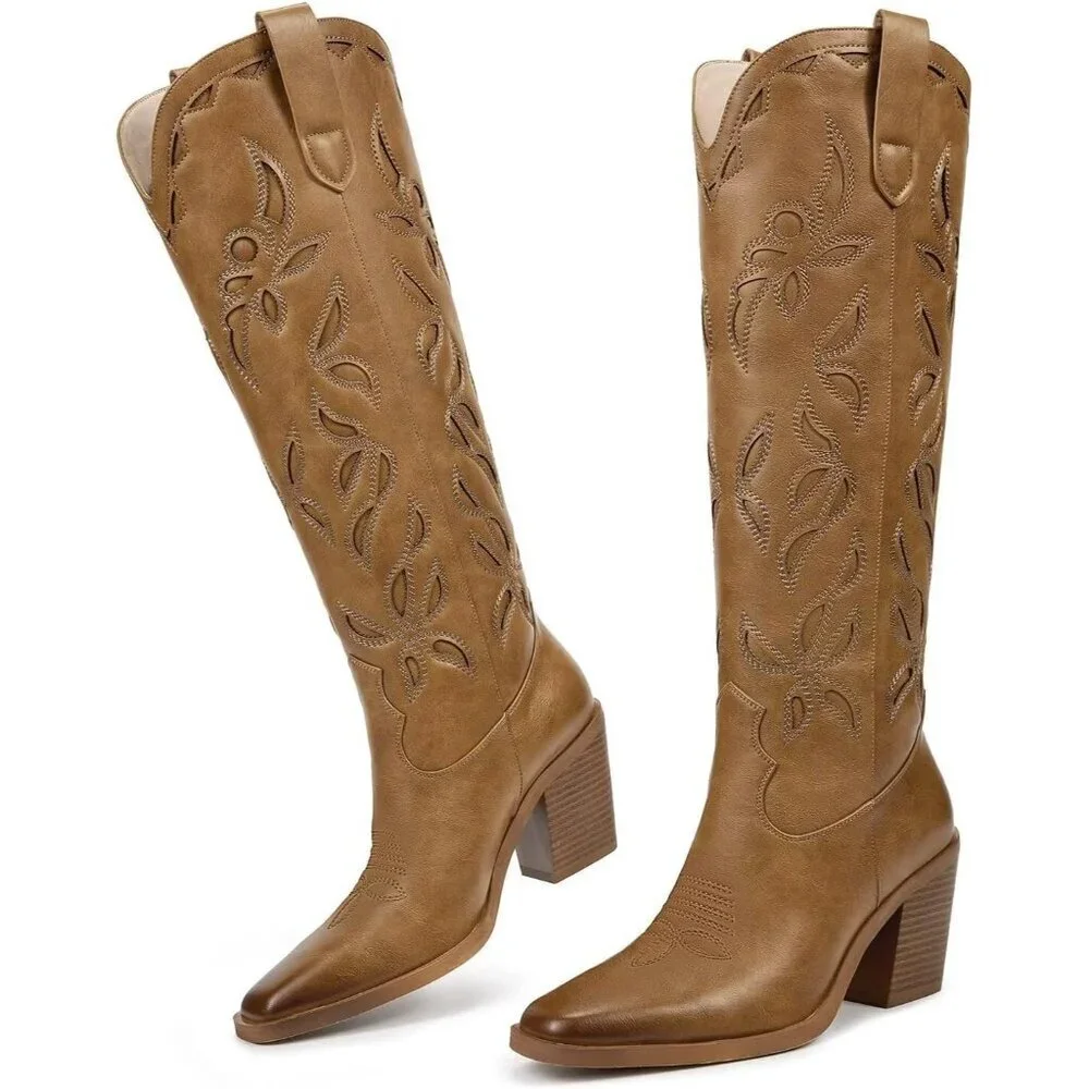 Women Knee Matte Brown Faux Leather Pull On Tab Chunky Heel Pointed Toe Boots
